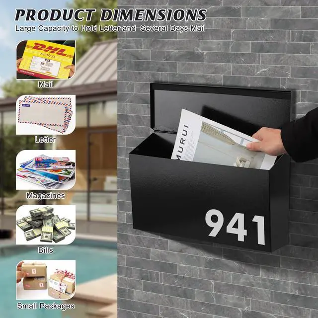 Alt view image 11 of 14 - Wall-Mount Mailbox for House, Large Capacity Mail Box, Galvanized Steel Rust-Proof Metal Post Box, Mailboxes for Outside,15.7"x9.9"x4.9" Black