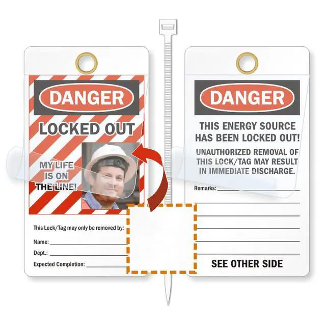 Alt view image 2 of 2 - Locked Out My Life is On The Line 2 - Sided Lockout Tag | 6" x 3.25" Vinyl with Self-Laminating Clear Flap, Pack of 25