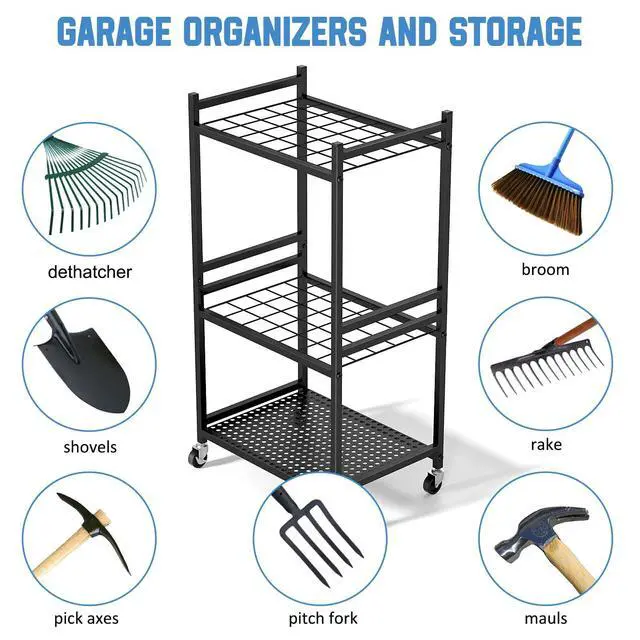 Alt view image 12 of 14 - Garden Organizer With Wheels, Yard Tower Rack for Garage Storage, Up to 35 Long-Handled Tools, Sturdy Metal Steel Holder With 3 Hooks, Outdoor, Black