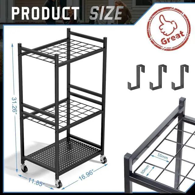 Alt view image 13 of 14 - Garden Organizer With Wheels, Yard Tower Rack for Garage Storage, Up to 35 Long-Handled Tools, Sturdy Metal Steel Holder With 3 Hooks, Outdoor, Black