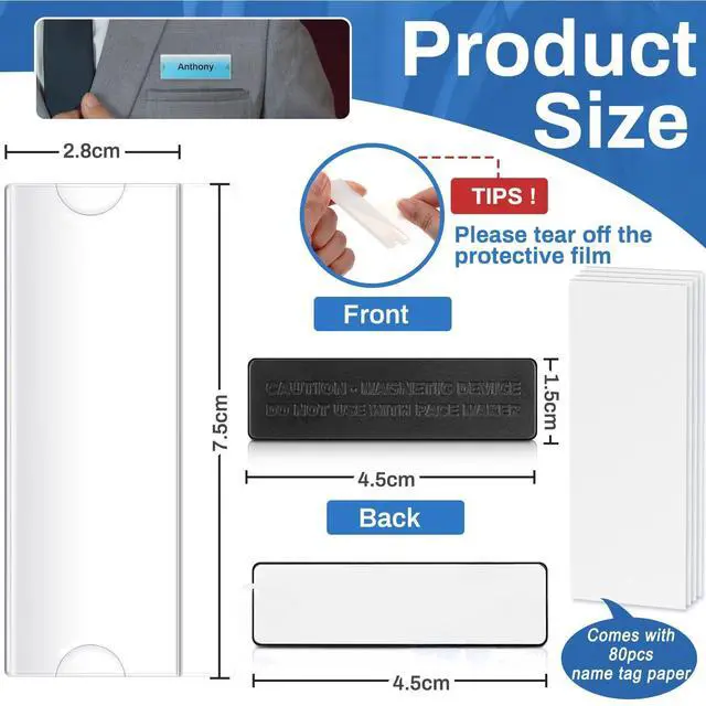 Alt view image 9 of 14 - 80 Pack Name Badge Magnets Kit Acrylic Magnetic Name Tag Holders with Blank Printable Paper Inserts 3 Magnets Clear Adhesive ID Holder for Business Events School Office
