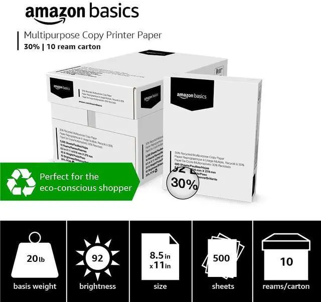 Alt view image 10 of 14 - 30% Recycled Multipurpose Copy & Print Paper, 8.5 x 11 Inches, 20 lb Weight, 92 Bright, White, Certified, 5000 Sheets (10 Reams)