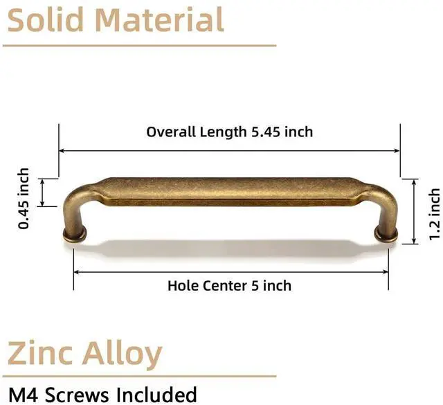 Alt view image 11 of 14 - 5 Inch Hole Center Antique Brass Zinc Alloy Cabinet Pulls Kitchen Cabinets Hardware, 6 Pack Vintage Brass Solid Cabinet Handles Drawer Pulls