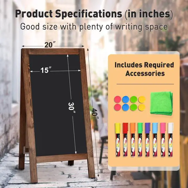 Alt view image 9 of 14 - 40"x20" Solid Wood Double-Sided A-Frame Chalkboard Sign, Brown | Magnetic Sandwich Board, Freestanding Sidewalk Sign, Stable Pine, Wind Resistant, For Outdoor Cafe Wedding Business