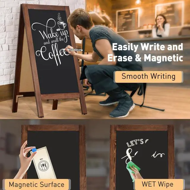 Alt view image 10 of 14 - 40"x20" Solid Wood Double-Sided A-Frame Chalkboard Sign, Brown | Magnetic Sandwich Board, Freestanding Sidewalk Sign, Stable Pine, Wind Resistant, For Outdoor Cafe Wedding Business