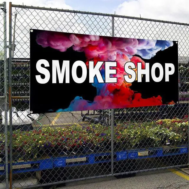 Alt view image 11 of 14 - Smoke Shop Store Vinyl Banner Sign Metal Grommets 3 ft x 6 ft Yard Signs