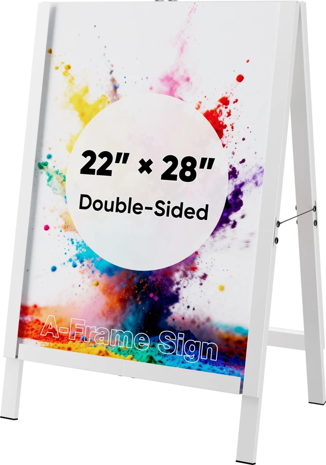 Alt view image 8 of 12 - 22×28 Inch A Frame Sign Holder, Heavy Duty Metal Outdoor Double-Sided Sandwich Board Sign Stand, Anti-slip Slide-in Folding Frame for Street Business Advertising Poster, White, (Frame Only)