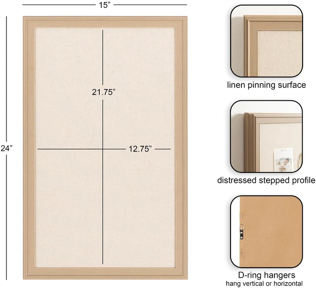 Alt view image 9 of 14 - Oakhurst Rectangle Framed Linen Fabric Pinboard, 15 x 24, Light Tan, Traditional Bulletin Board with Stepped Profile for Motivational Vision Board or Wall Organization
