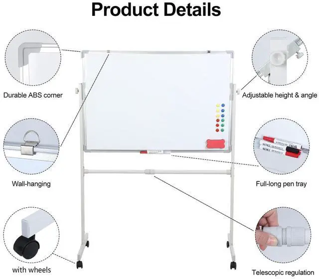 Alt view image 13 of 14 - Mobile Whiteboard with Stand 36"x24" Portable Magnetic Dry Erase Board on Wheels Included 12 Magnets, 5 Markers & 1 Eraser