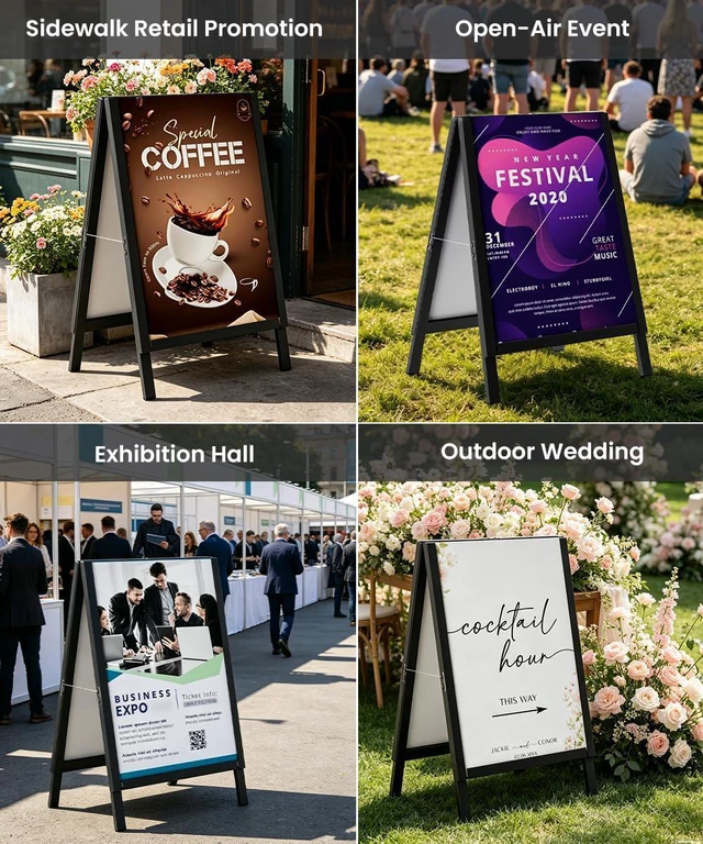Alt view image 14 of 14 - 22×28 Inch A Frame Sign Holder, Heavy Duty Metal Outdoor Double-Sided Sandwich Board Sign Stand, Anti-slip Slide-in Folding Frame for Street Business Advertising Poster, Black (Frame Only