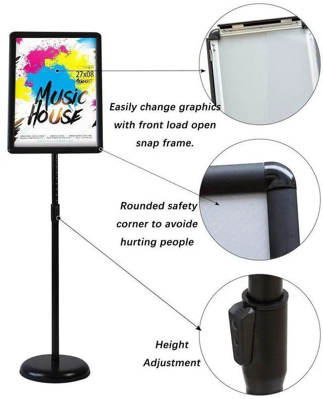 Alt view image 9 of 12 - Sign Holder Pedestal Sign Stand 8.5x11 inches with Base for Floor Vertical & Horizontal View Displayed,Snap-Open Frame with Safety Corner Outdoor,2 Pack