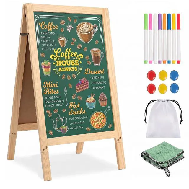 Alt view image 8 of 14 - Double-Sided A-Frame Chalkboard Sign 40x20, Magnetic Sidewalk Sign with Solid Pine Wood Frame, Large Chalkboard Easel Menu Board for Restaurants, Cafes, Weddings & Outdoor Display with Accessories