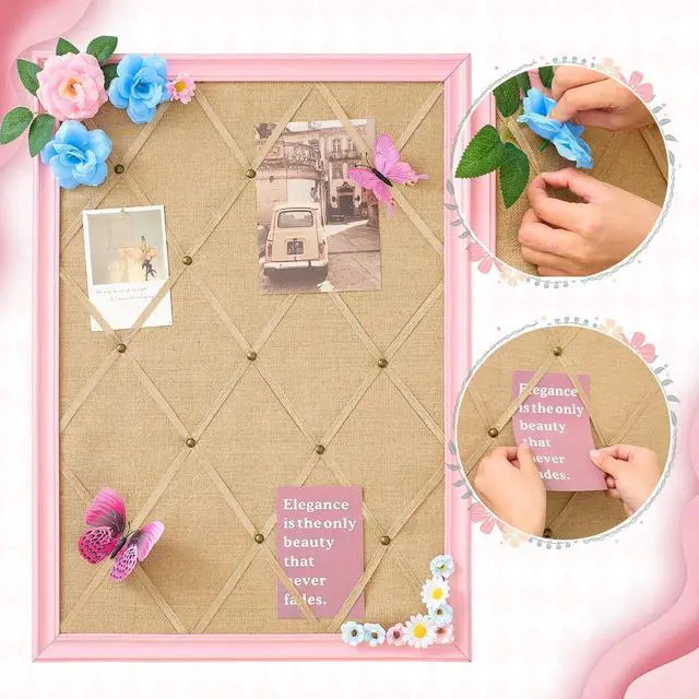 Alt view image 8 of 12 - Pink Bulletin Board 21"×27" Linen Fabric Decorative Boards Hanging Memo Board with 20 Pushpins Large Cork Bulletin Boards for Home Office Decor Photos Display - Gold Linen with Pink Frame