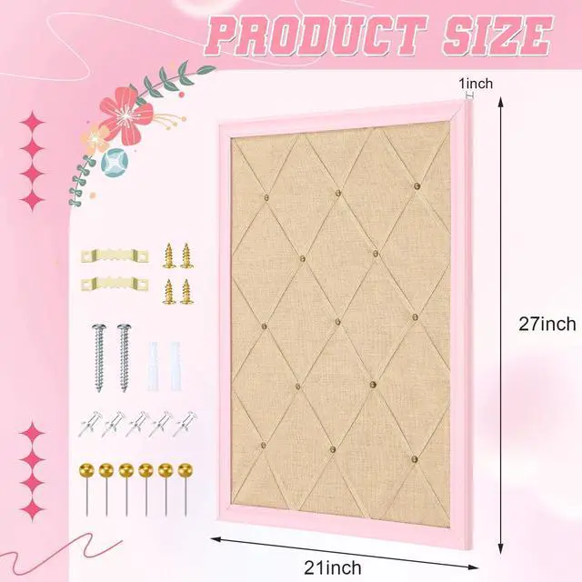 Alt view image 9 of 12 - Pink Bulletin Board 21"×27" Linen Fabric Decorative Boards Hanging Memo Board with 20 Pushpins Large Cork Bulletin Boards for Home Office Decor Photos Display - Gold Linen with Pink Frame