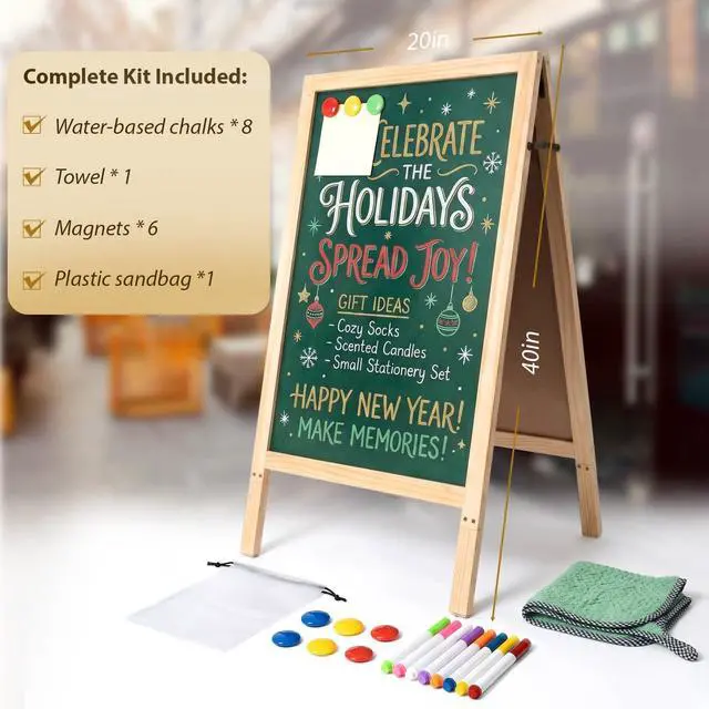 Alt view image 14 of 14 - Double-Sided A-Frame Chalkboard Sign 40x20, Magnetic Sidewalk Sign with Solid Pine Wood Frame, Large Chalkboard Easel Menu Board for Restaurants, Cafes, Weddings & Outdoor Display with Accessories