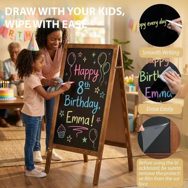 Alt view image 9 of 14 - Double-Sided A-Frame Chalkboard Sign 40x20, Magnetic Sidewalk Sign with Solid Pine Wood Frame, Large Chalkboard Easel Menu Board for Restaurants, Cafes, Weddings & Outdoor Display with Accessories