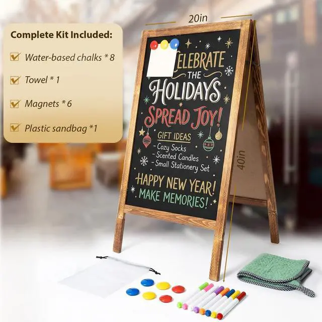 Alt view image 14 of 14 - Double-Sided A-Frame Chalkboard Sign 40x20, Magnetic Sidewalk Sign with Solid Pine Wood Frame, Large Chalkboard Easel Menu Board for Restaurants, Cafes, Weddings & Outdoor Display with Accessories