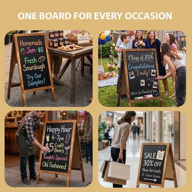 Alt view image 13 of 14 - Double-Sided A-Frame Chalkboard Sign 40x20, Magnetic Sidewalk Sign with Solid Pine Wood Frame, Large Chalkboard Easel Menu Board for Restaurants, Cafes, Weddings & Outdoor Display with Accessories