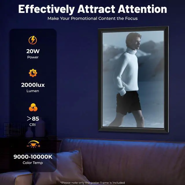 Alt view image 9 of 14 - LED Poster Frame, 24" x 36" LED Backlit Poster Photo Frame Movie Poster Aluminum Alloy Advertisement Signage Light Sign, Wall Mounting, Frame for Movie Poster Advertising Display (Black, 24" x 36")