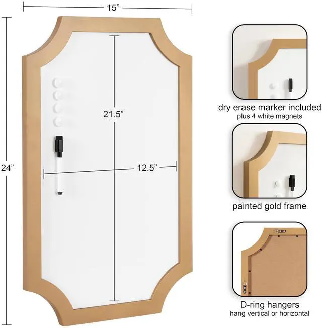 Alt view image 9 of 14 - Holbrook Scalloped Magnetic Dry Erase Board with Marker and Four Magnets; 15 x 24; Gold; Decorative Wall Organization White Board for Use as Bedroom or Dorm Room Decor