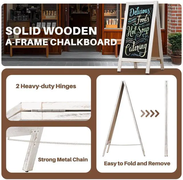 Alt view image 9 of 14 - A-Frame Double-Sided Magnetic Chalkboard 40"x20", Solid Pine Wood Freestanding Sandwich Board for Restaurants, Cafes, Weddings (Rustic White)