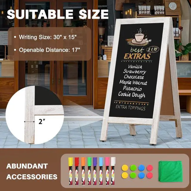 Alt view image 10 of 14 - A-Frame Double-Sided Magnetic Chalkboard 40"x20", Solid Pine Wood Freestanding Sandwich Board for Restaurants, Cafes, Weddings (Rustic White)