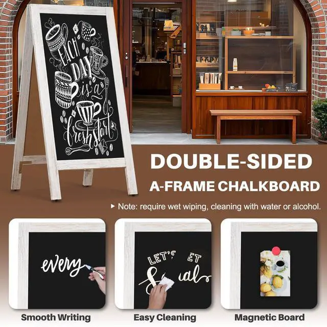 Alt view image 11 of 14 - A-Frame Double-Sided Magnetic Chalkboard 40"x20", Solid Pine Wood Freestanding Sandwich Board for Restaurants, Cafes, Weddings (Rustic White)