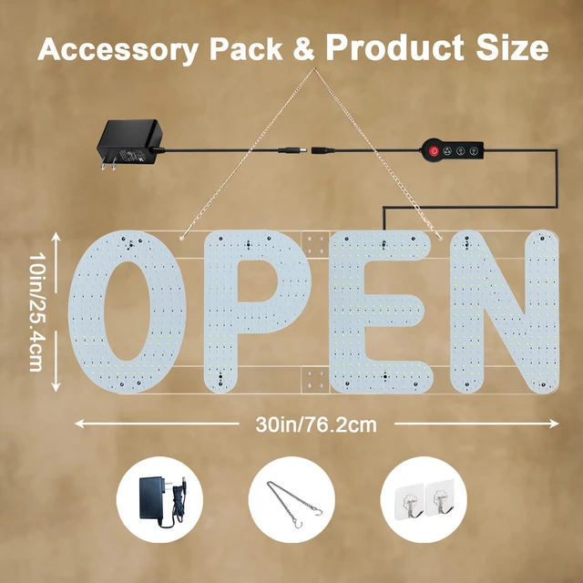 Alt view image 12 of 14 - 30"x10" Open Sign, Large LED Open Sign for Business, Ultra Bright and Dimmable, Includes 12V Adapter with 4 Lighting Modes for Storefront, Bar, Coffee Shop, Salon (US Flag Design)