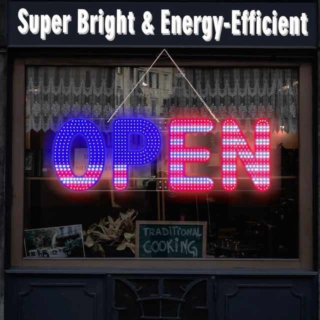 Alt view image 13 of 14 - 30"x10" Open Sign, Large LED Open Sign for Business, Ultra Bright and Dimmable, Includes 12V Adapter with 4 Lighting Modes for Storefront, Bar, Coffee Shop, Salon (US Flag Design)