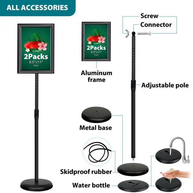 Alt view image 14 of 14 - 2Pack 8.5x11 Inch Adjustable Sign Holder Poster Stand, Heavy Duty Floor Sign Stand with Aluminum Snap Open Frame for Vertical and Horizontal Sign Displayed(Black)