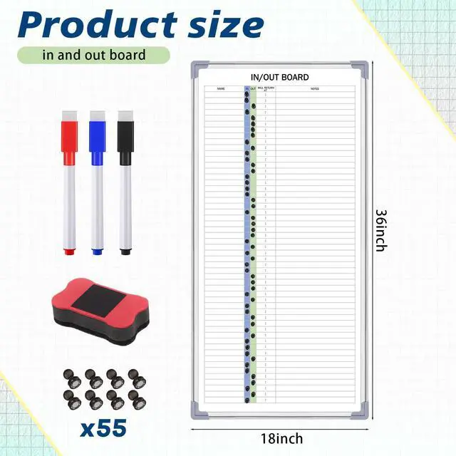 Alt view image 9 of 14 - in and Out Magnetic Dry-Erase Board 36 x 18 Aluminum Framed White Board with Lines 53 Names with Magnetic Dry-Erase Marker, Eraser, and 55 Magnets Wall-Mounted for Office Employee
