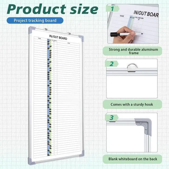 Alt view image 10 of 14 - in and Out Magnetic Dry-Erase Board 36 x 18 Aluminum Framed White Board with Lines 53 Names with Magnetic Dry-Erase Marker, Eraser, and 55 Magnets Wall-Mounted for Office Employee