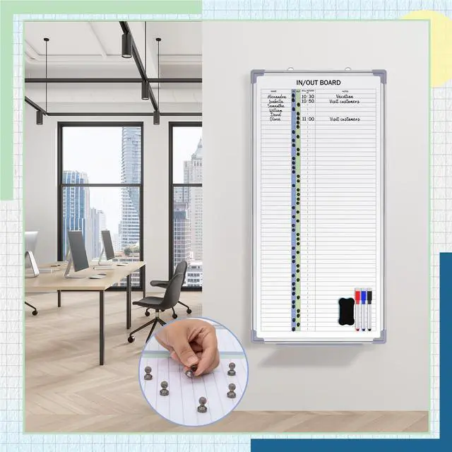 Alt view image 11 of 14 - in and Out Magnetic Dry-Erase Board 36 x 18 Aluminum Framed White Board with Lines 53 Names with Magnetic Dry-Erase Marker, Eraser, and 55 Magnets Wall-Mounted for Office Employee