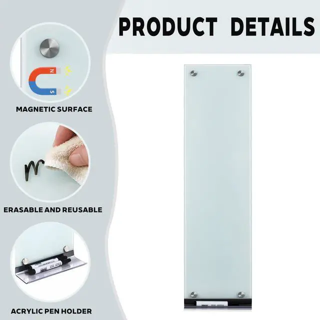 Alt view image 10 of 12 - Slim Skinny Magnetic Glass Whiteboard, 35.5 x 11.9 in Narrow Long Dry Erase Board, Frameless Wall-Mounted to Do List Board with Marker Tray, 2 Markers & Eraser for Office Kitchen Home