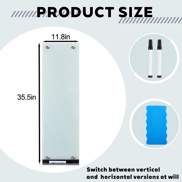 Alt view image 9 of 12 - Slim Skinny Magnetic Glass Whiteboard, 35.5 x 11.9 in Narrow Long Dry Erase Board, Frameless Wall-Mounted to Do List Board with Marker Tray, 2 Markers & Eraser for Office Kitchen Home
