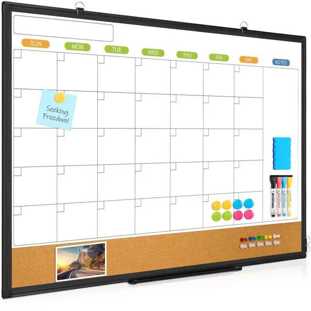 Alt view image 2 of 2 - Calendar Whiteboard for Wall, 36" x 24" Dry Erase Month White Board Black | Double-Sided Magnetic, Cork Calendar Bulletin Board Combo, Aluminum Frame, Hang Wall Mount for Home Office School