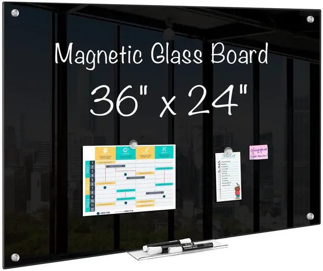Alt view image 2 of 2 - Magnetic Glass Dry Erase White Board, 36" x 24" Black Glass Board for Wall Mounted, Includes 6 Magnets with Marker Tray, 3 Markers and 1 Eraser for Classroom Home, Office Supplies
