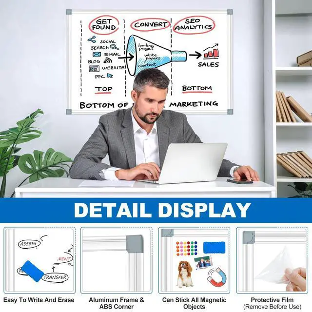 Alt view image 9 of 14 - White Board Dry Erase Whiteboard for Wall 36" x 24" (2pcs) Aluminum Presentation Magnetic Whiteboards with Long Pen Tray, Hanging Whiteboard for Office, Meeting Room, Classroom, School & Home