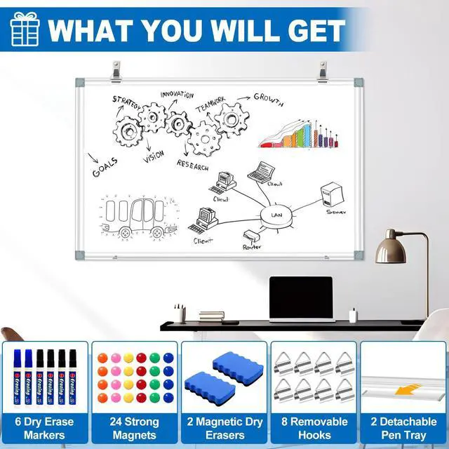 Alt view image 10 of 14 - White Board Dry Erase Whiteboard for Wall 36" x 24" (2pcs) Aluminum Presentation Magnetic Whiteboards with Long Pen Tray, Hanging Whiteboard for Office, Meeting Room, Classroom, School & Home