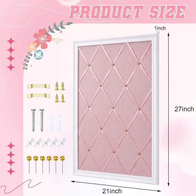 Alt view image 8 of 12 - White Bulletin Board 21"×27" Linen Fabric Decorative Board Hanging Memo Boards for Women Large Cork Bulletin Boards for Home Office with 20 Pushpins - Pink Linen with White Frame