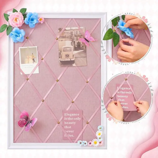 Alt view image 9 of 12 - White Bulletin Board 21"×27" Linen Fabric Decorative Board Hanging Memo Boards for Women Large Cork Bulletin Boards for Home Office with 20 Pushpins - Pink Linen with White Frame