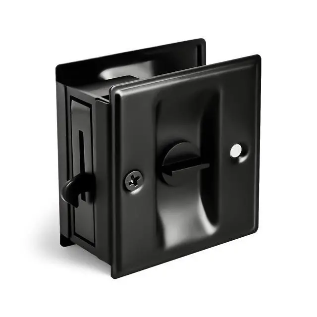 Alt view image 8 of 14 - Privacy Sliding Door Lock with Pull - Replace Old Or Damaged Pocket Locks Hardware Quickly and Easily, 2-3/4x2-1/2, for 1-3/8 Thickness Door, Black