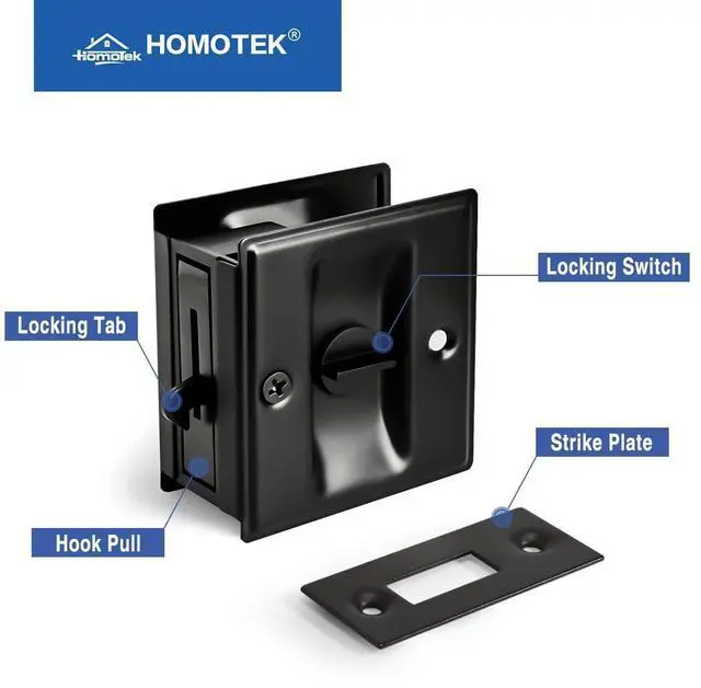 Alt view image 11 of 14 - Privacy Sliding Door Lock with Pull - Replace Old Or Damaged Pocket Locks Hardware Quickly and Easily, 2-3/4x2-1/2, for 1-3/8 Thickness Door, Black