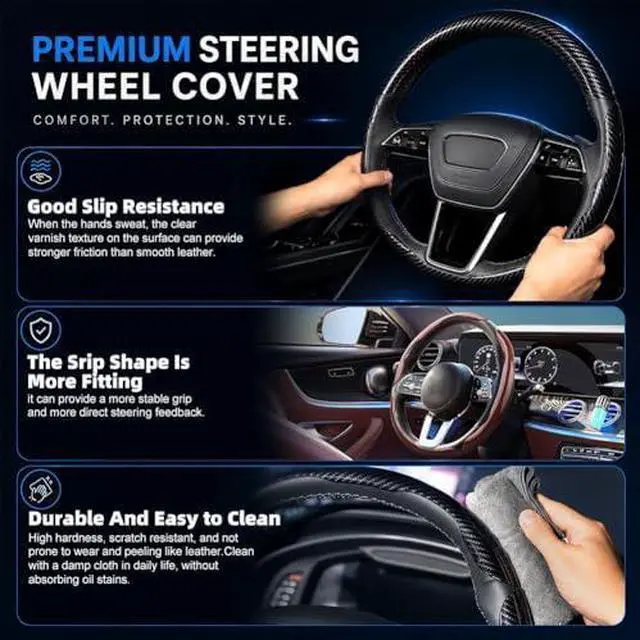 Alt view image 10 of 12 - Carbon Fiber Steering Wheel Cover 3PCS, Non-Slip Grip for Universal Cars,Fit for 1416 Inch Wheels, Interior Accessories for Cars Trucks (Black)