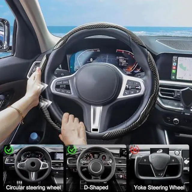 Alt view image 12 of 12 - Carbon Fiber Steering Wheel Cover 3PCS, Non-Slip Grip for Universal Cars,Fit for 1416 Inch Wheels, Interior Accessories for Cars Trucks (Black)