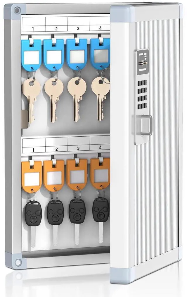 Alt view image 8 of 14 - 24 Slots Key Box Wall Mount with Code and Key, Key Lock Box with Combination, Key Storage Box with Key Hooks & Tags & Lables, 8.45" x 2.55" x 13" (Silver-Code Lock, 24 Keys)