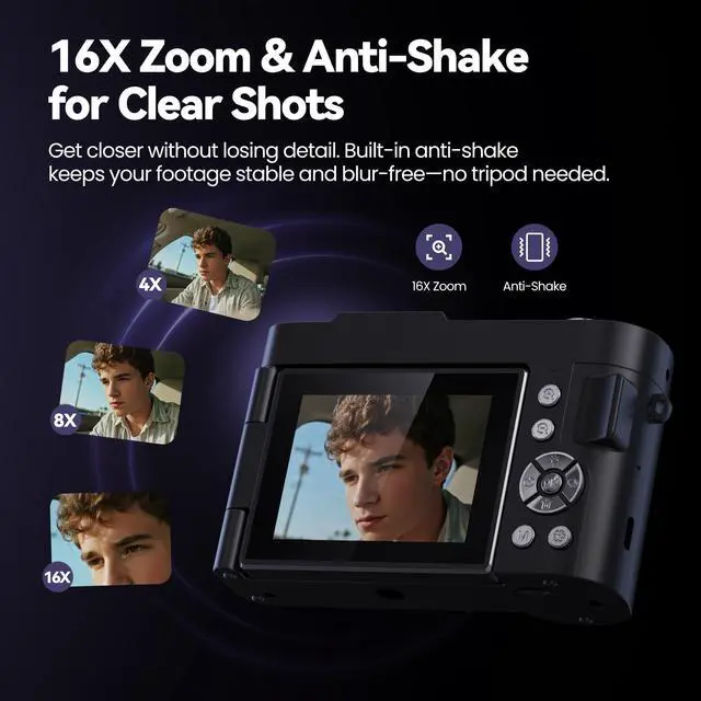 Alt view image 10 of 12 - Digital Camera 4K for Photography Vlogging: 50MP Cameras for Video - 16X Zoom Photo Camera Gifts for Teens Ages 8-16 - 180°Flip Screen Compact Cámara - Point and Shoot Digital Cameras for YouTube