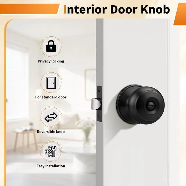 Alt view image 9 of 14 - Black Door Knobs for Bedroom Bathroom, Interior Door Knob with Round Ball, Matte Black Privacy Door Knob, 6 Pack