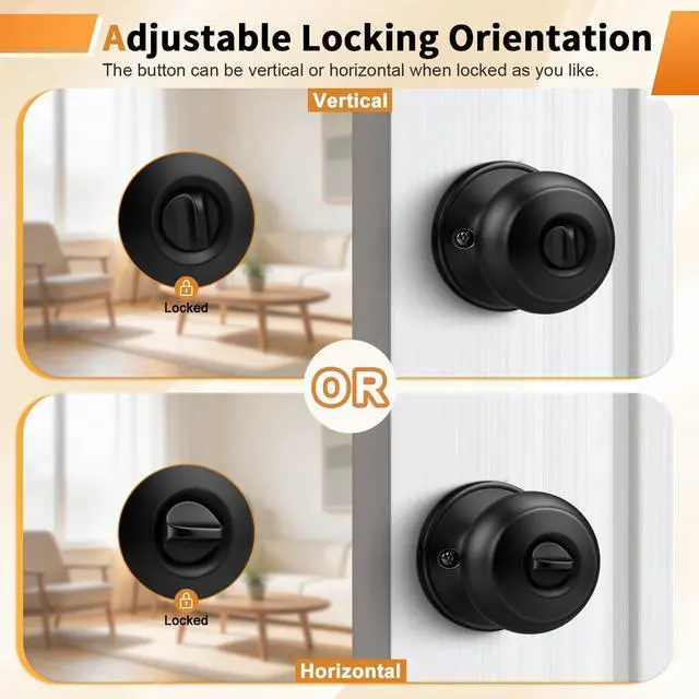 Alt view image 10 of 14 - Black Door Knobs for Bedroom Bathroom, Interior Door Knob with Round Ball, Matte Black Privacy Door Knob, 6 Pack
