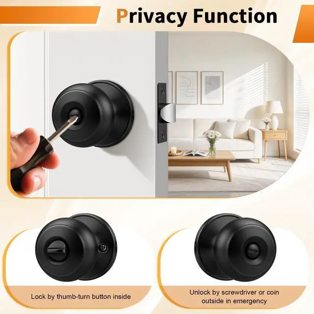 Alt view image 11 of 14 - Black Door Knobs for Bedroom Bathroom, Interior Door Knob with Round Ball, Matte Black Privacy Door Knob, 6 Pack